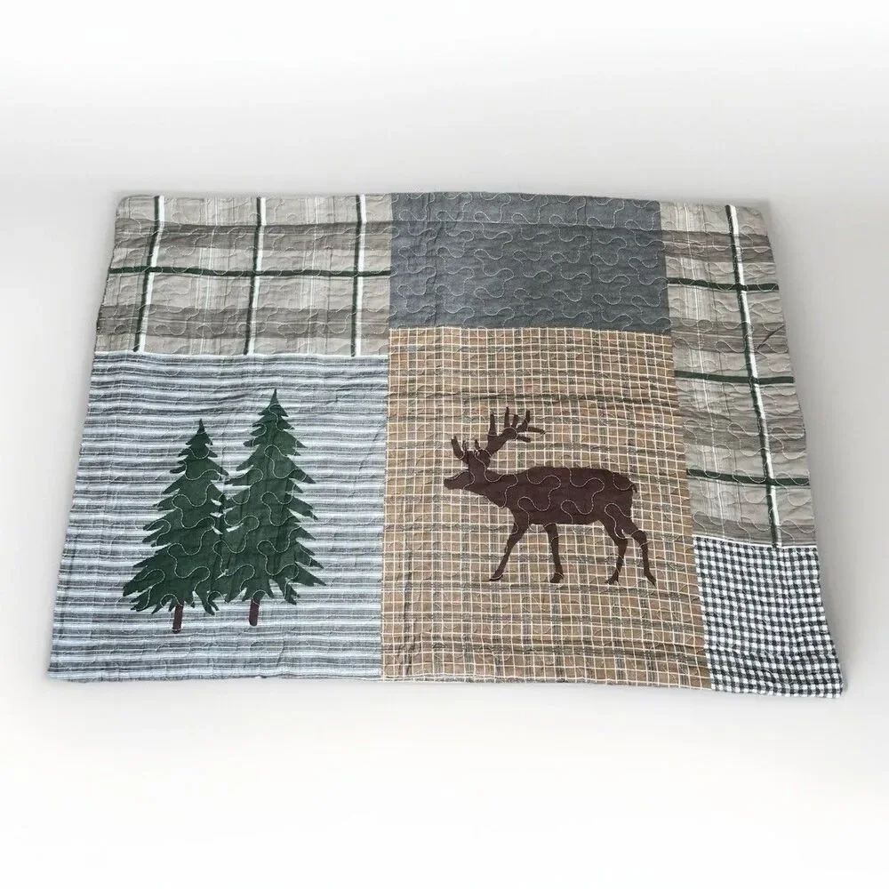 Pair Rustic Lodge Quilted Pillow Shams Bear Moose Pine Patchwork Cabin